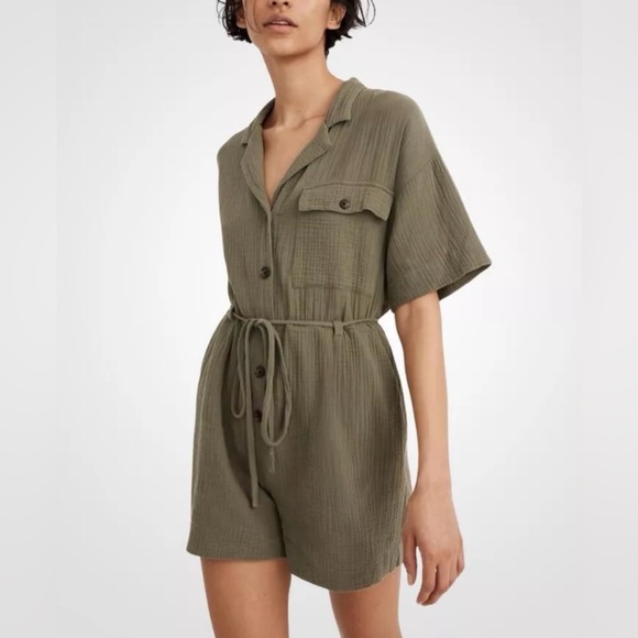 Madewell Safari Romper Sz M Belted Gauze Cotton Olive Army Green Romper So Soft! - Picture 2 of 8